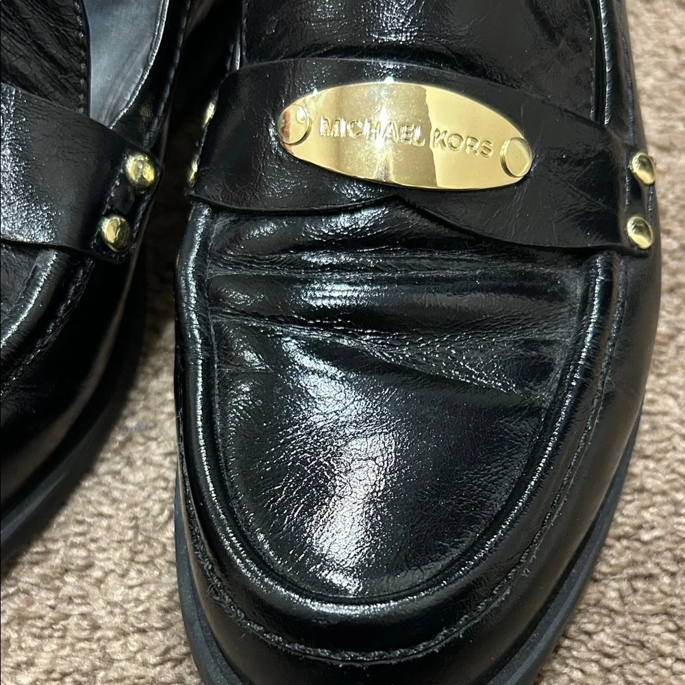 Michael Kors Black Patent Leather Loafers with Gold Plaque